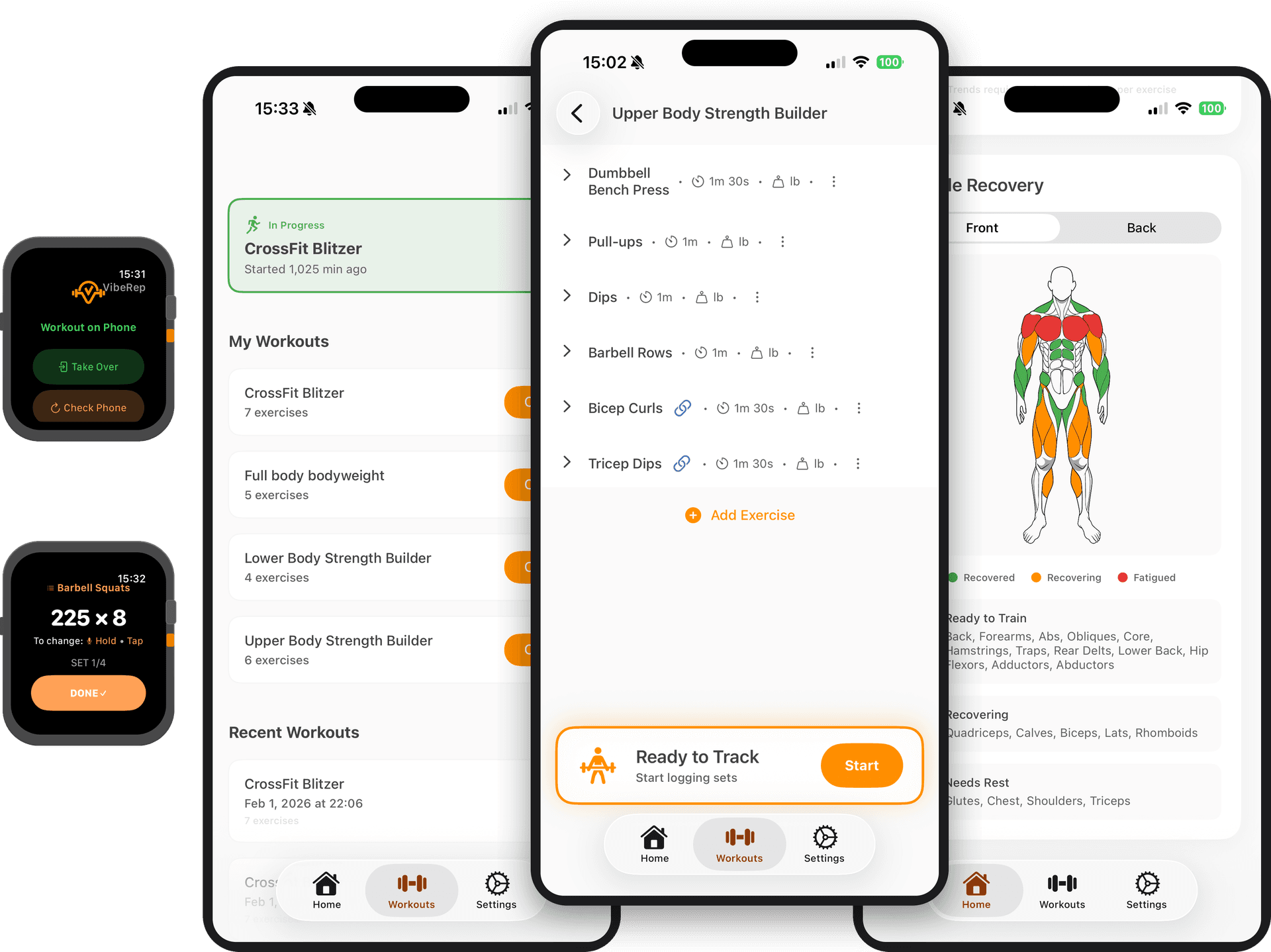 VibeRep app screenshots showing workout tracking, exercise builder, and muscle recovery