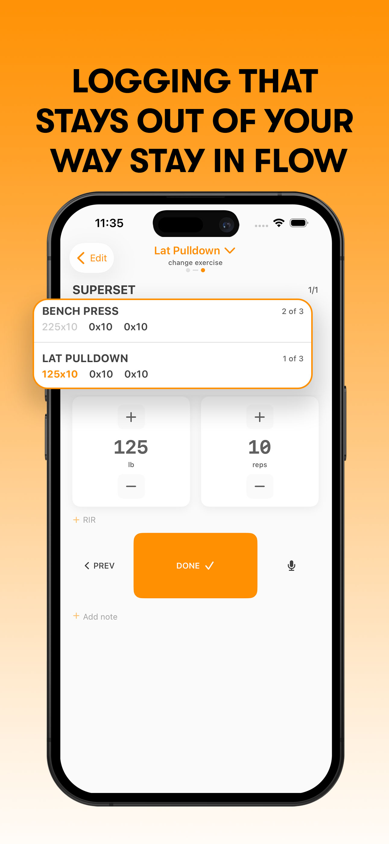 Logging a set in VibeRep — large +/- buttons for weight and reps, a single Done button, and a mic icon for voice input.