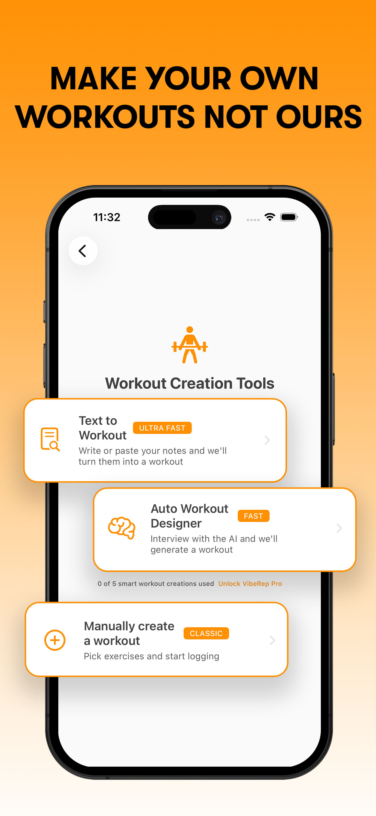 VibeRep's Workout Creation Tools screen — Text-to-Workout, Auto Workout Designer, or manually create a workout.